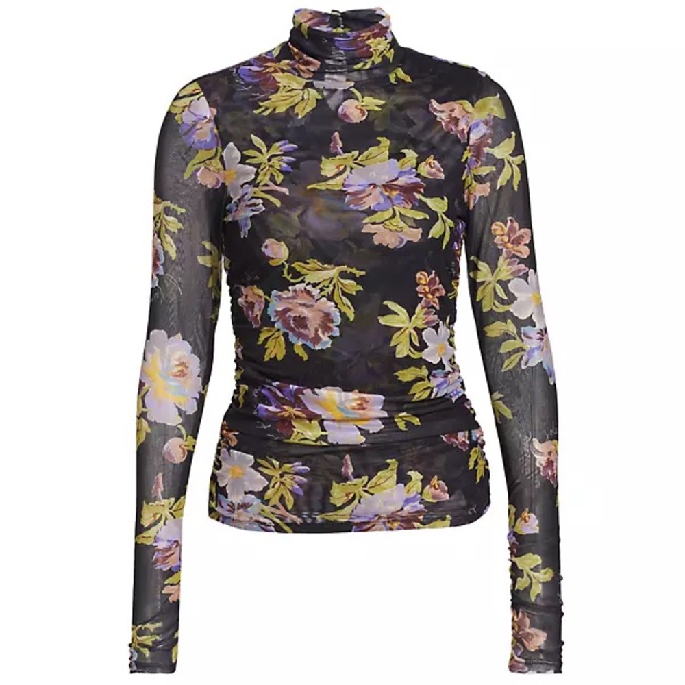Cinq a sept Bridgette shirred mesh floral turtleneck top sz lg - Picture 15 of 15